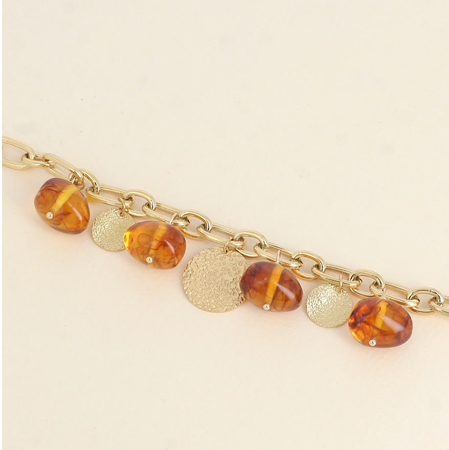 Bracelet perles en résine & papilles martelées Auguste - Ambre
