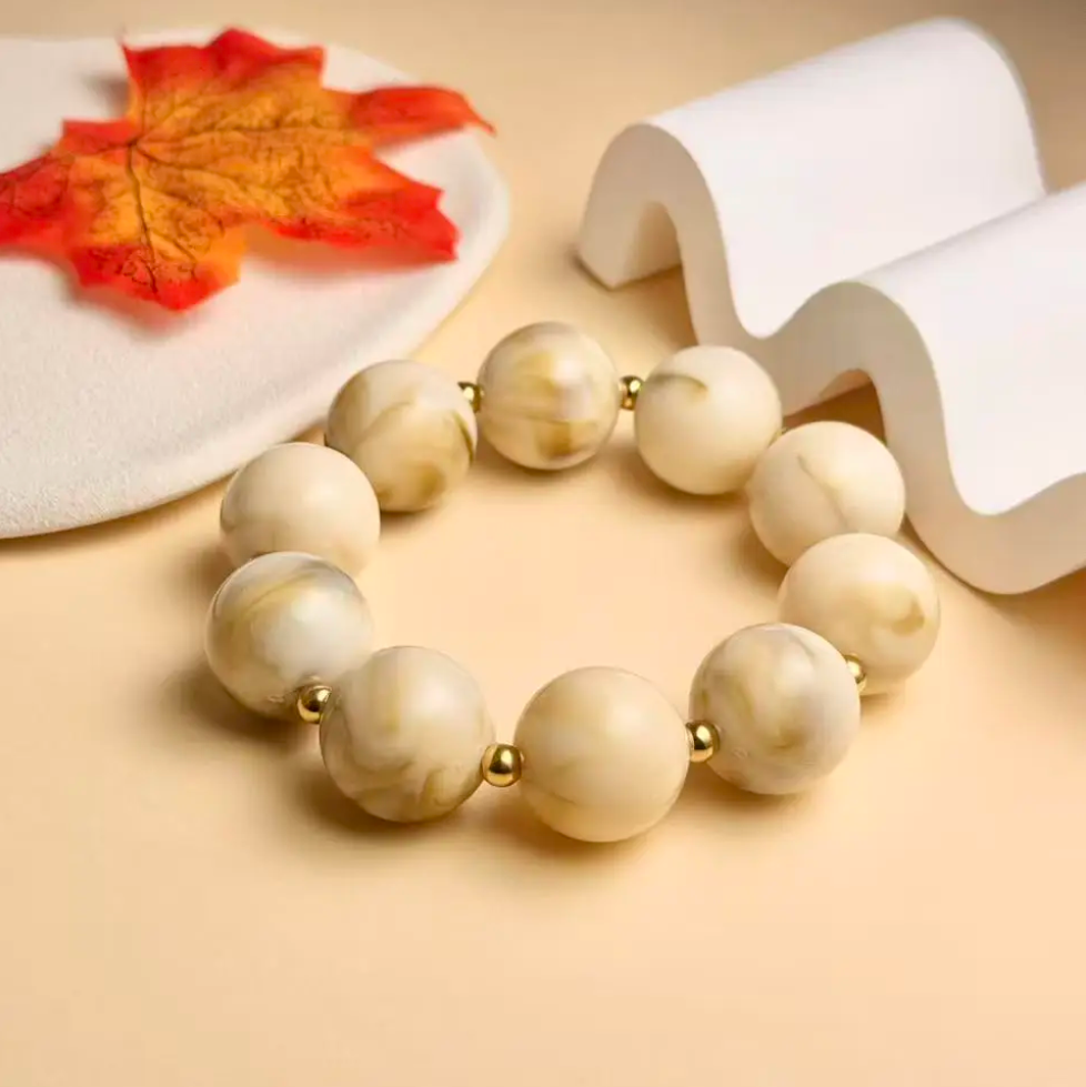 Bracelet élastique perles rondes Honoré - Beige