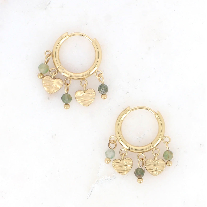 Créoles pampilles coeurs texturées et pierres naturelles Hermine - Vert