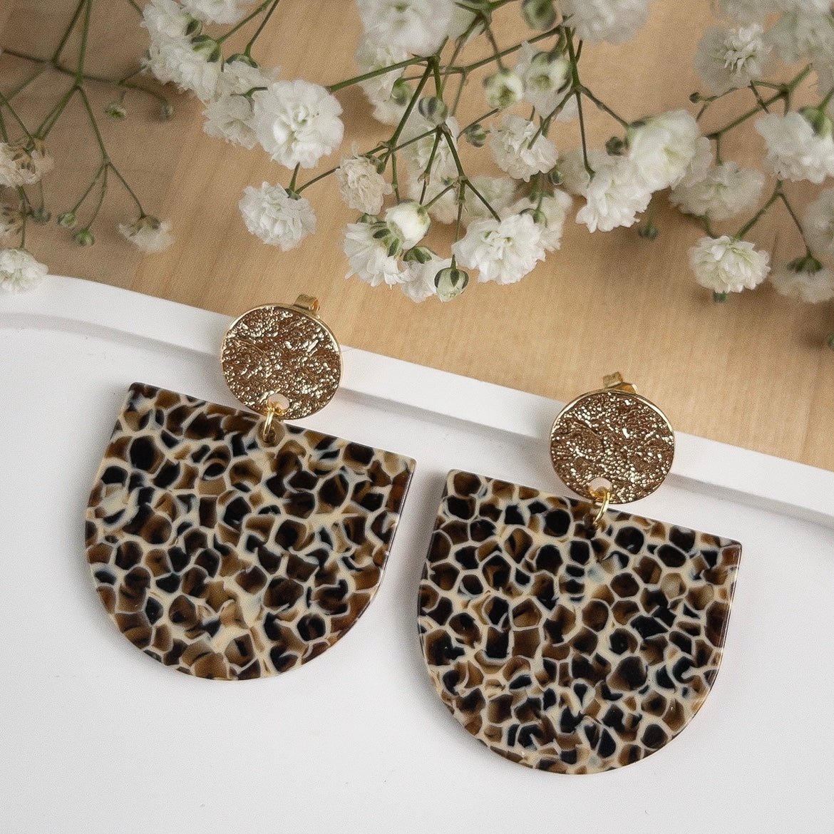 Boucles D'oreilles Pendantes Rondes En Cuir Léopard Et Métal - Style Ethnique Chic - Neuf Avec étiquettes