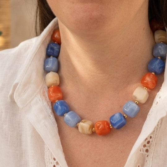 Collier en résine Félix - Bleu & Orange