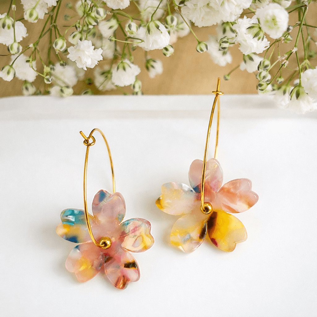 Boucles D'oreilles Pendantes Fleurs Multicolores - Neuf Avec étiquettes - Fabriqué En France