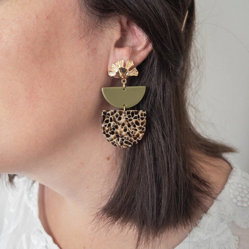 Boucles d'oreilles géométriques Oriane kaki et arche léopard