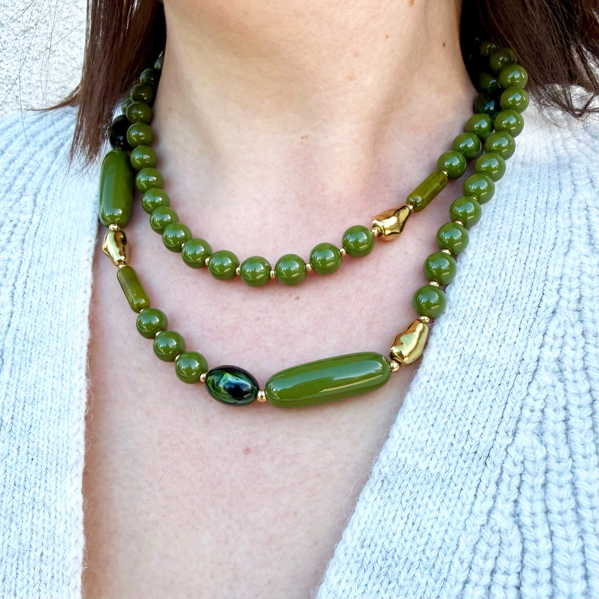 Sautoir perles en résine Etienne - Kaki & doré