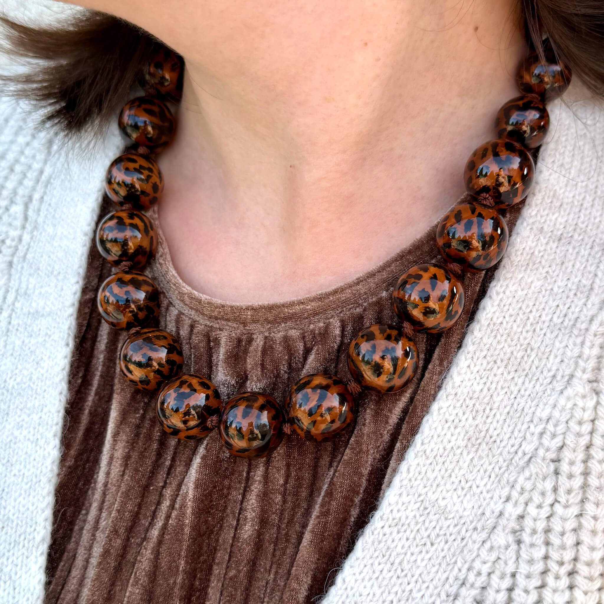 Collier perles rondes Hector - Léopard