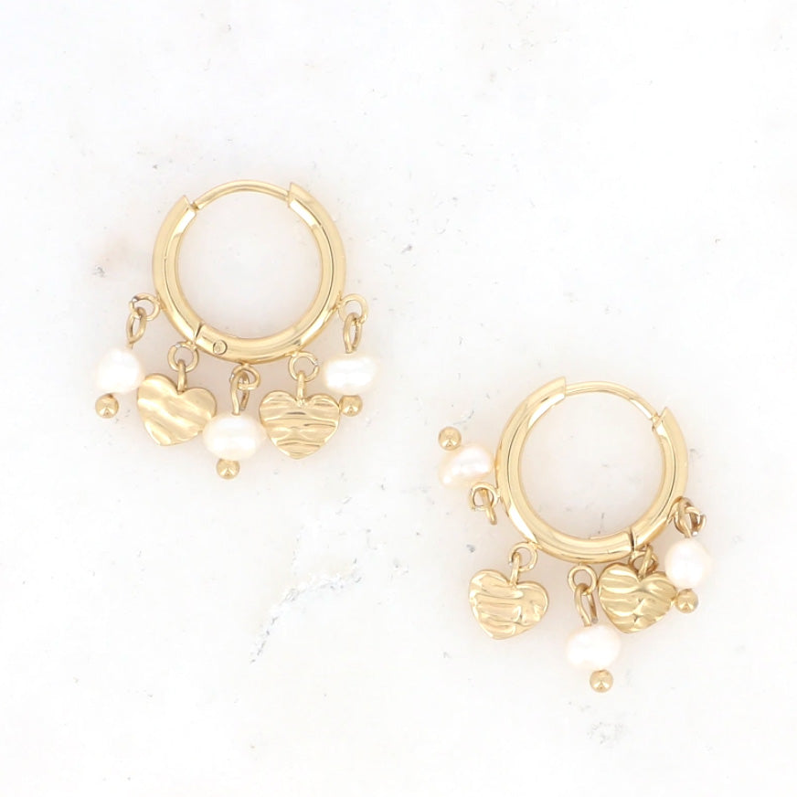 Créoles pampilles coeurs texturées et pierres naturelles Hermine - Nacré