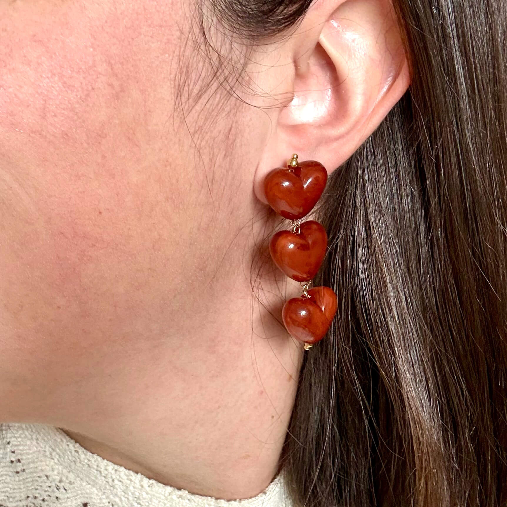 Boucles d'oreilles triple coeurs Cybèle - Cognac