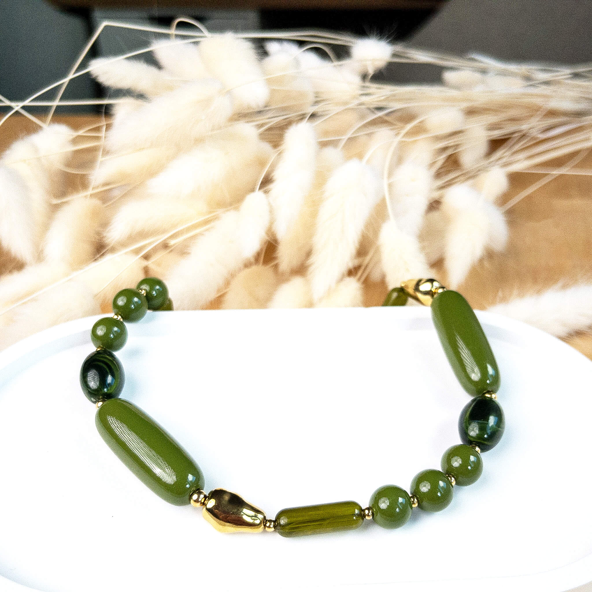 Sautoir perles en résine Etienne - Kaki & doré