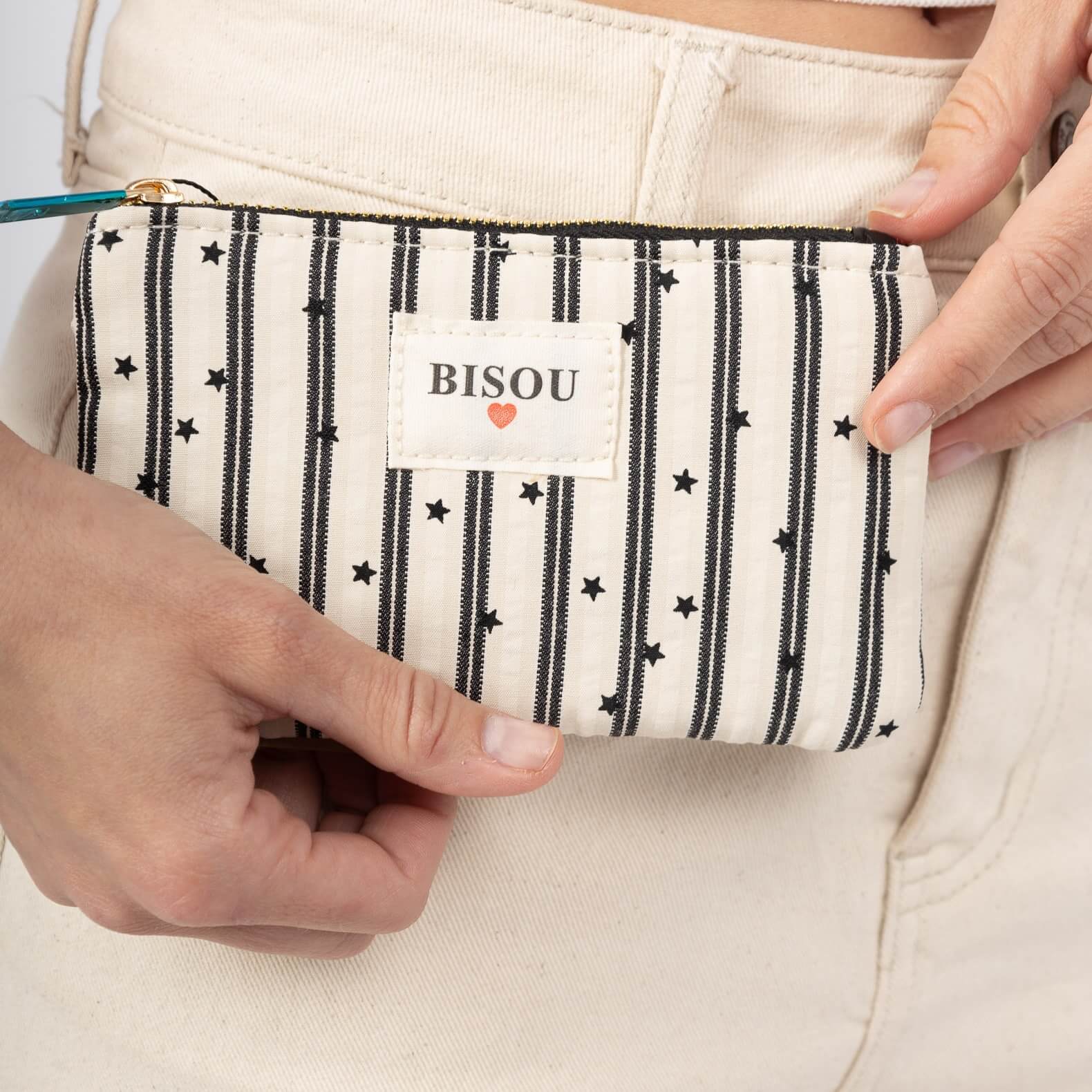 Pochette à bijoux Imprimé Etoiles et rayures "Bisou" - Blanc