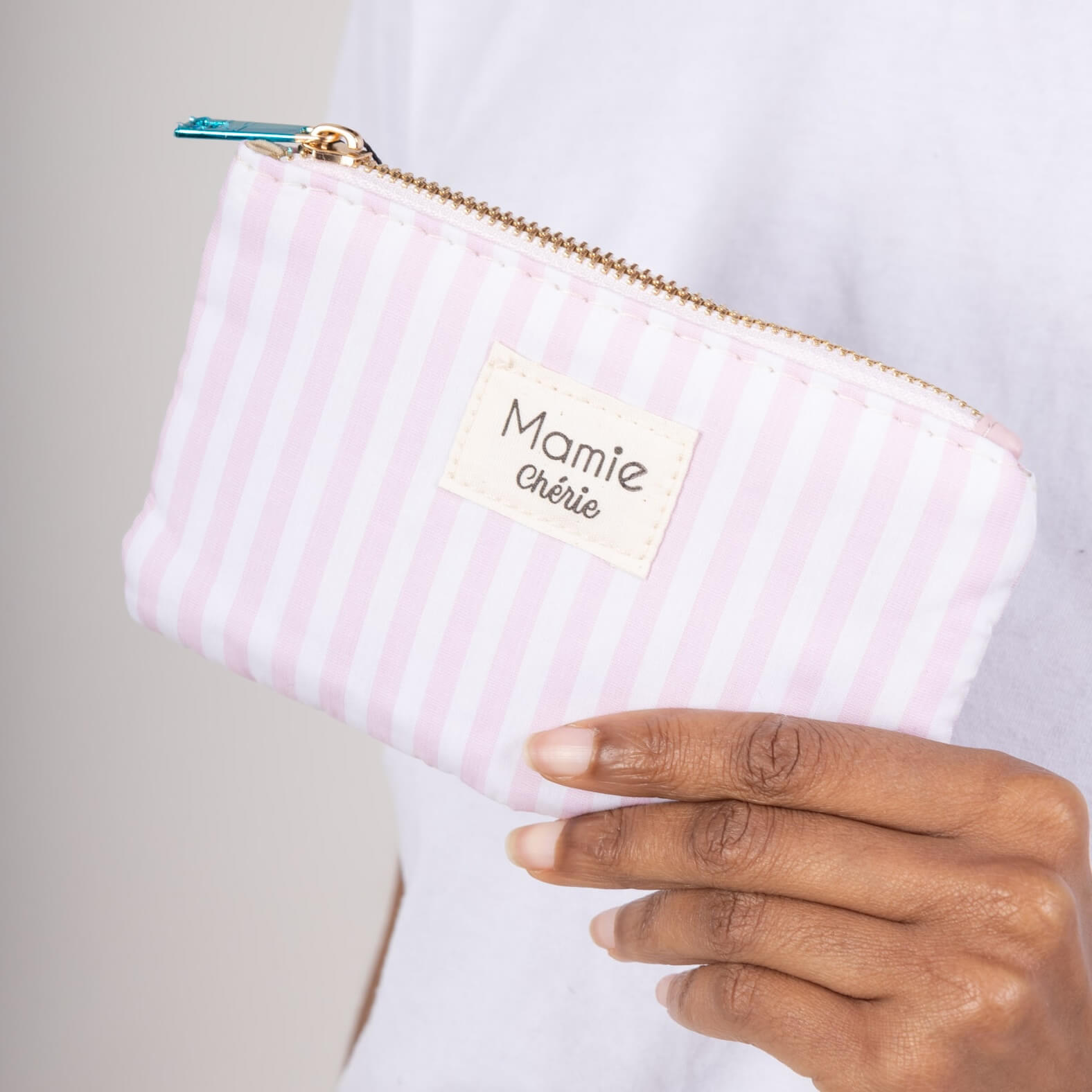 Pochette à bijoux rayée "Mamie chérie" - Rose