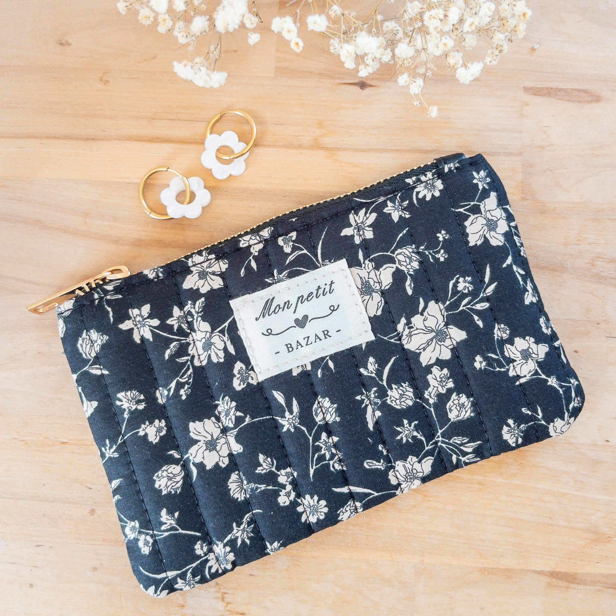 Pochette à bijoux Imprimé Fleurs "Mon petit bazar" - Noir - Numette