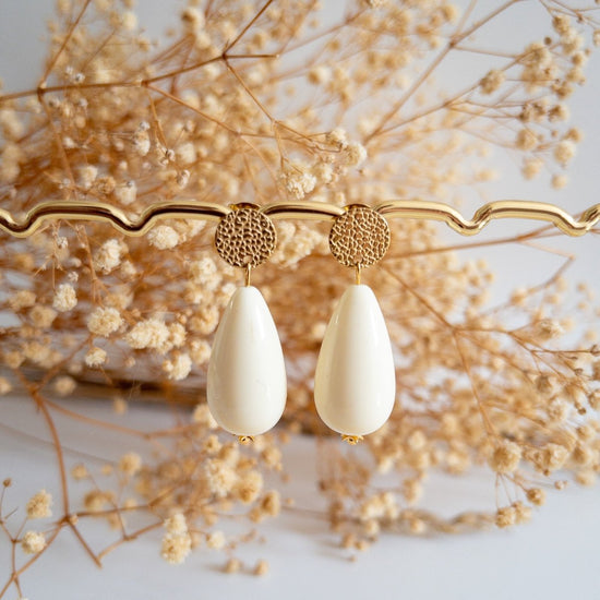 Boucles D’oreilles Vintage Clips Rétro Or Et Blanc – Modèle Résine 3802 – Bijou Ancien